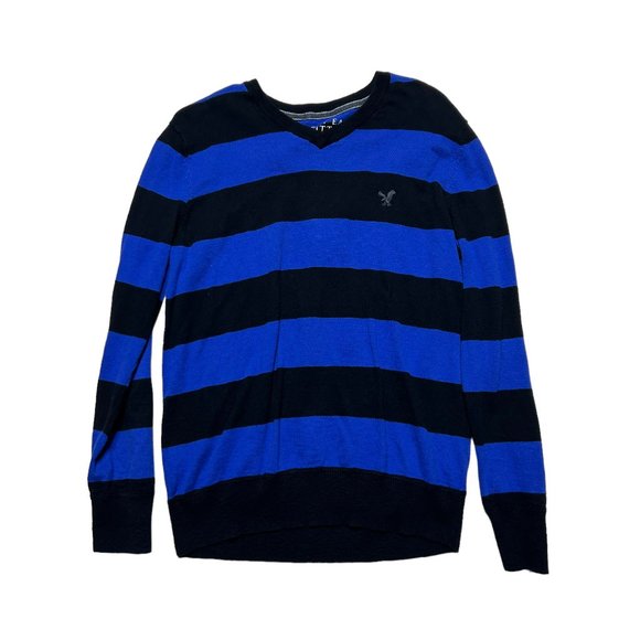 American Eagle Sweater Mens Large V Neck Colorblock Blue Black Long Sleeve - Picture 1 of 8